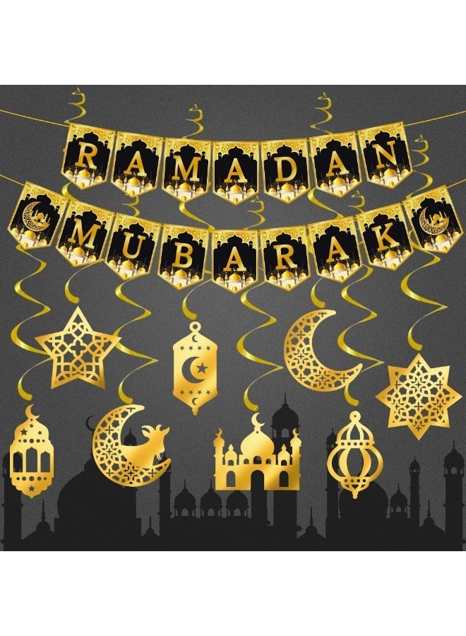9 PCS Ramadan Mubarak Decoration Set, Black & Gold Bunting Banner with Hanging Swirls, Ceiling Streamers, Moon Star Lantern Cutouts, Islamic Home Party Supplies, Eid Festival Decor - Image 3